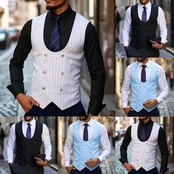 Hinvhai Men's Slim Fit Waistcoat U Neck Double Breasted Suit Vest White XL(XL)