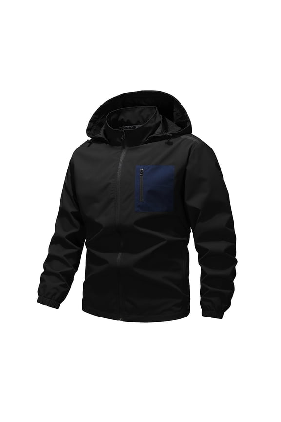 Men's Softshell Jacket Trendy Color Block Hooded Windbreaker Trendy Outdoor Water Resistant Combat Work Hiking Coat Black XXL(XXL)