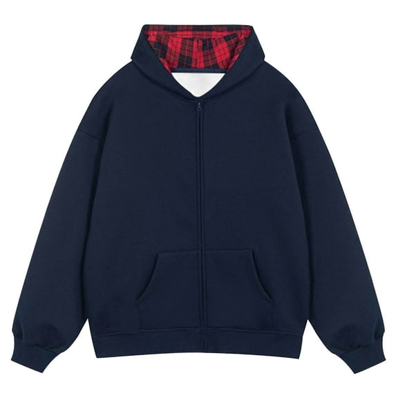 Hinvhai Men's Solid Color Hooded Cardigan Loose Casual Sports Zipper Hoodie Coat Navy 6(M)