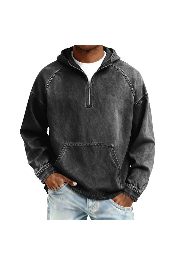 Men's Solid Color Long Sleeve Hooded Washed Distressed Denim Pullover Sweatshirt Black M(M)
