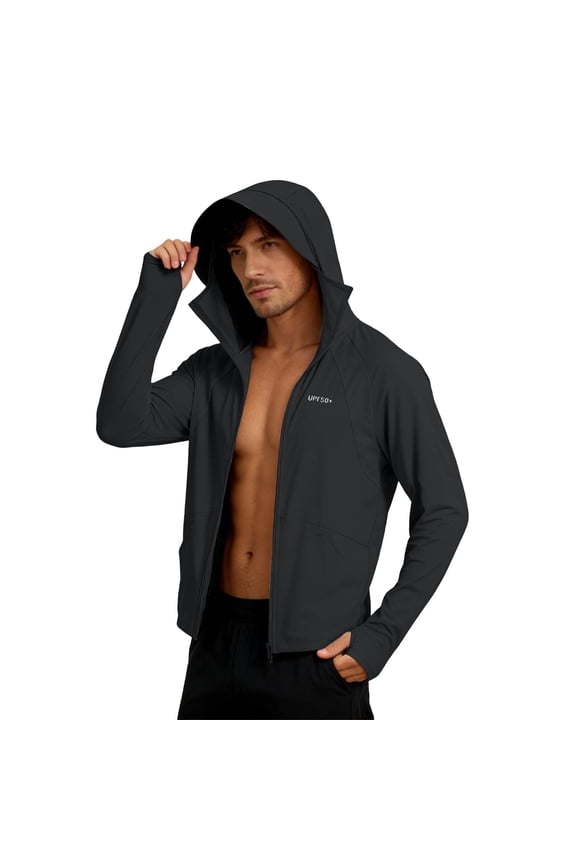 Men's Solid Color Long Sleeved Hooded Zipper Cardigan Ice Silk Thin Sunscreen Jacket Black XL(XL)