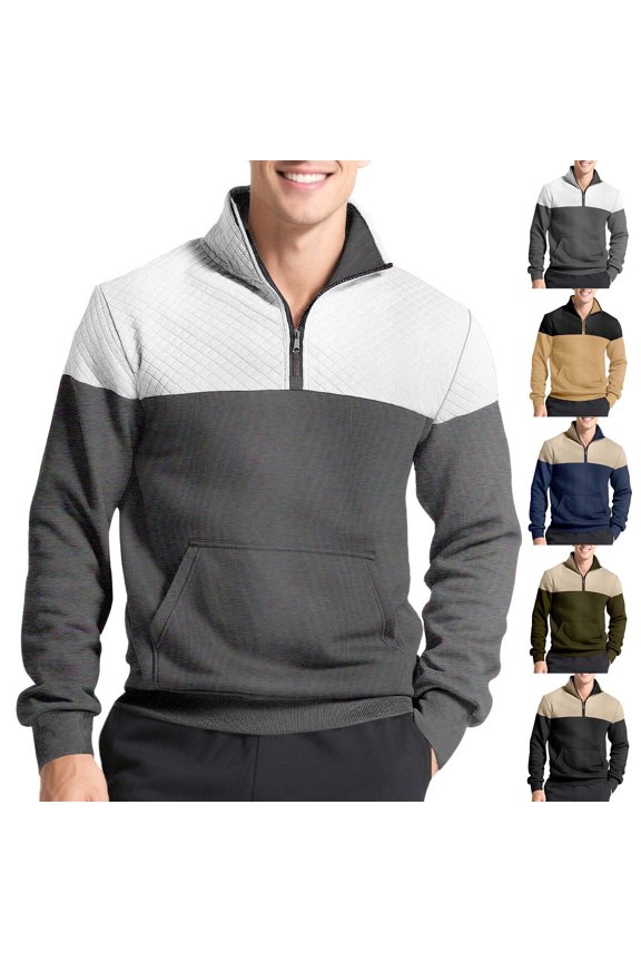 Men's Solid Color Spliced High Neck Reversible Double Pocket Zipper Long Sleeved Men's Pullover Top Navy XL(XL)