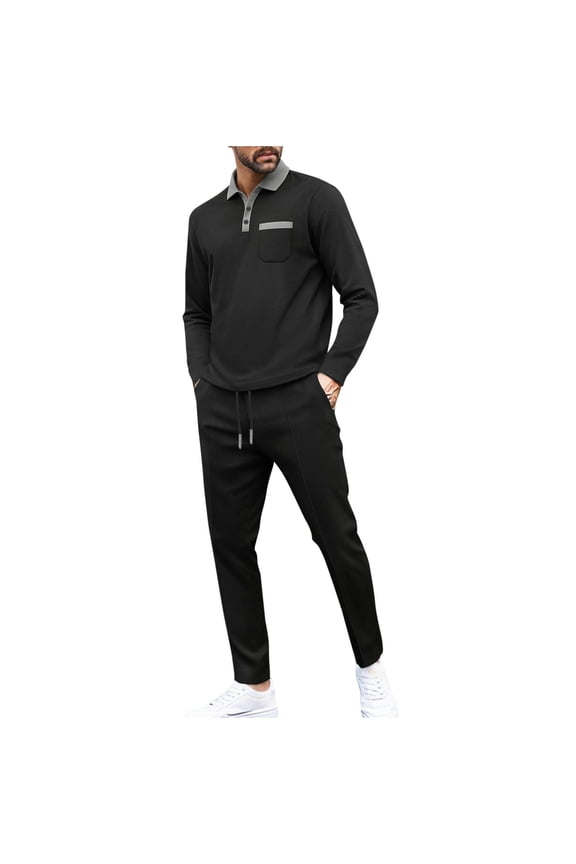 Men's Sports Casual Sets Spring Autumn Solid Long Sleeve Polo Shirts Elastic Waist Pants Tracksuit Black XL(XL)
