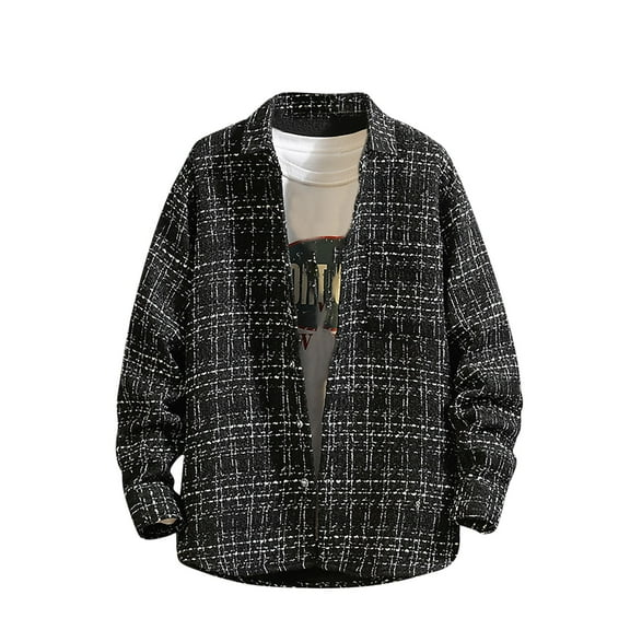 Hinvhai Men's Spring and Autumn Plaid Shirt Men's Large Size Casual Loose Lapel Jacket Black 10(XL)
