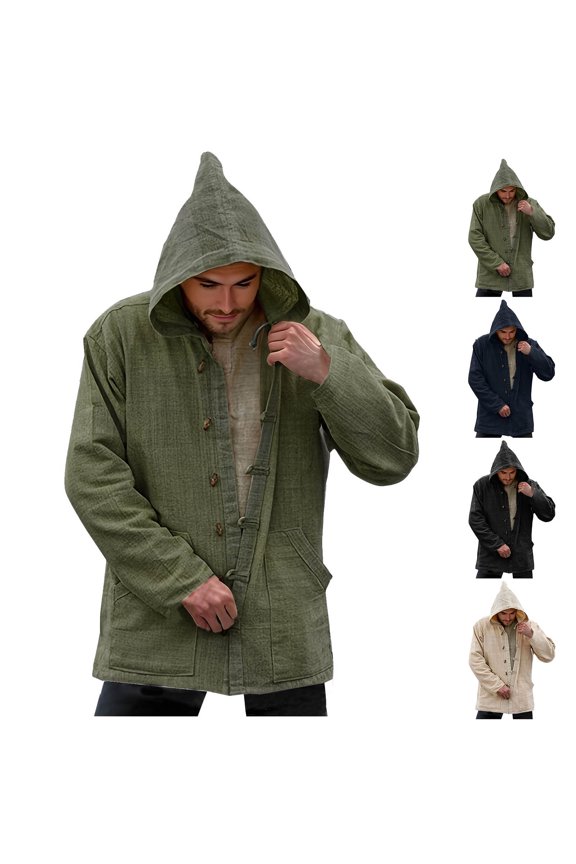 Men's Spring and Autumn Solid Color Pocket Button Retro Hemp Cotton Hoodie Casual Coat Khaki 10(XL)