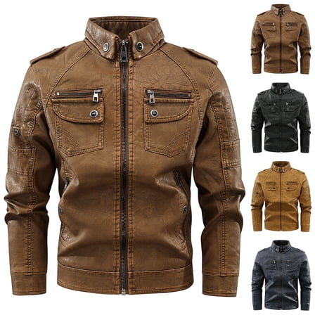 Hinvhai Men’s Stand Collar Leather Jacket Casual Faux Leather Motorcycle Jacket Outerwear Coat with Zipper Pockets Yellow 10(XL)