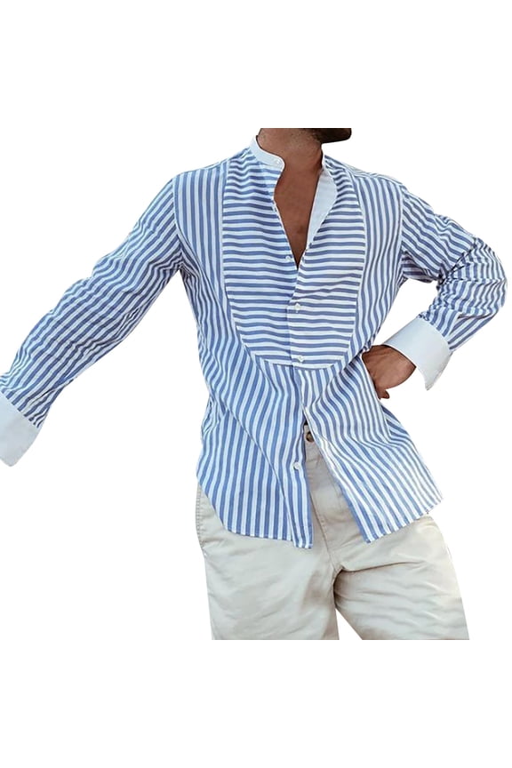 Men's Striped Button Down Dress Shirts Business Casual Long Sleeve Regular-Fit Lapel Vertical Striped Shirt Tops Light Blue XL(XL)