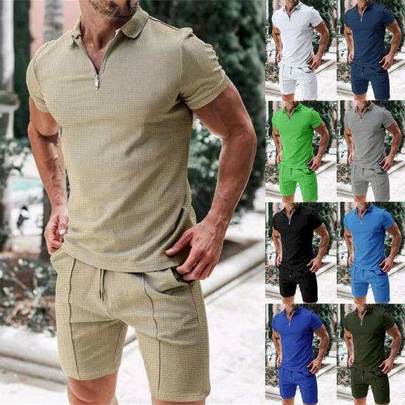 Hinvhai Men's Summer Outfits Waffle Knit Polo Shirt and Shorts Set 2 Pieces Casual Tracksuit with Pockets White 8(XL)