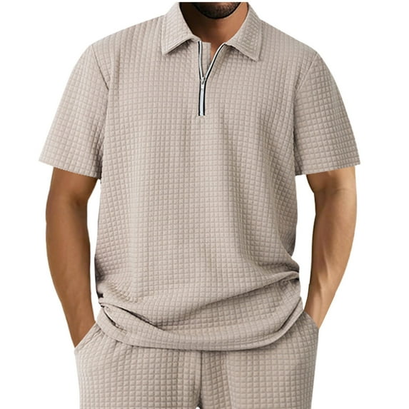 Hinvhai Men's Summer Solid Color Casual Suit Lapel Zipper T-Shirt Short Sleeve Elastic Shorts Khaki XL(XL)