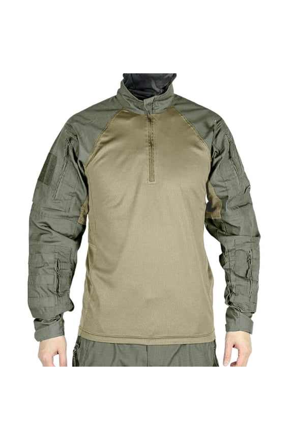 Men’s Tactical Military Shirts 1/4 Zip Combat BDU Shirts Camo Long Sleeve with Pockets for Outdoor Airsoft Paintball Green M(M)