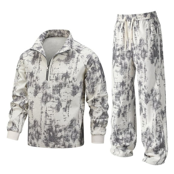 Hinvhai Men's Tracksuit 2 Piece Quarter Zip Polo Athletic Sweatsuits Casual Running Jogging Sport Suit Sets Beige XL(XL)