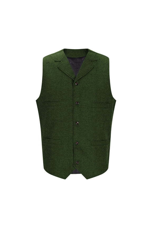 Mens Work office Suit Vest Waistcoat Tweed Retro V Neck Wool Herringbone for Prom Big and Tall Size S-3XL Green