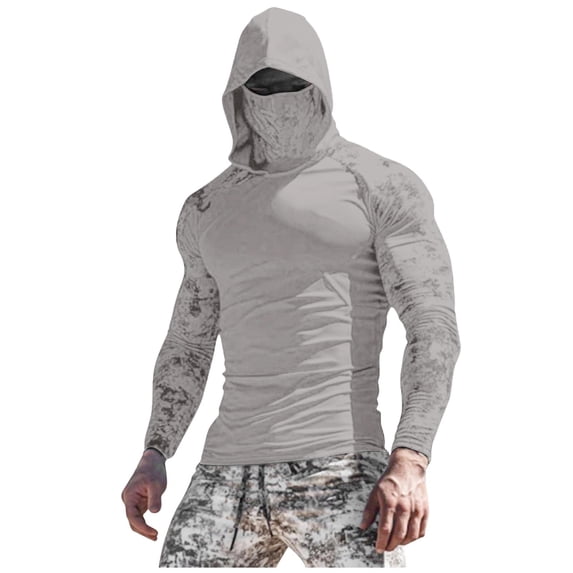 Hinvhai Men's UPF 50+ Sun Protection Hooded Shirt with Integrated Face Cover Long Sleeve Lightweight Rash Guard Shirts Gray XXL(XXL)