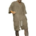 thumbnail image 1 of Hinvhai Men's V-Neck 3/4 Sleeve top and Shorts Set Solid Color T-Shirt Knitted Loose Sweatshirt Jacquard Knitted Sweater Khaki 12(XXL), 1 of 7