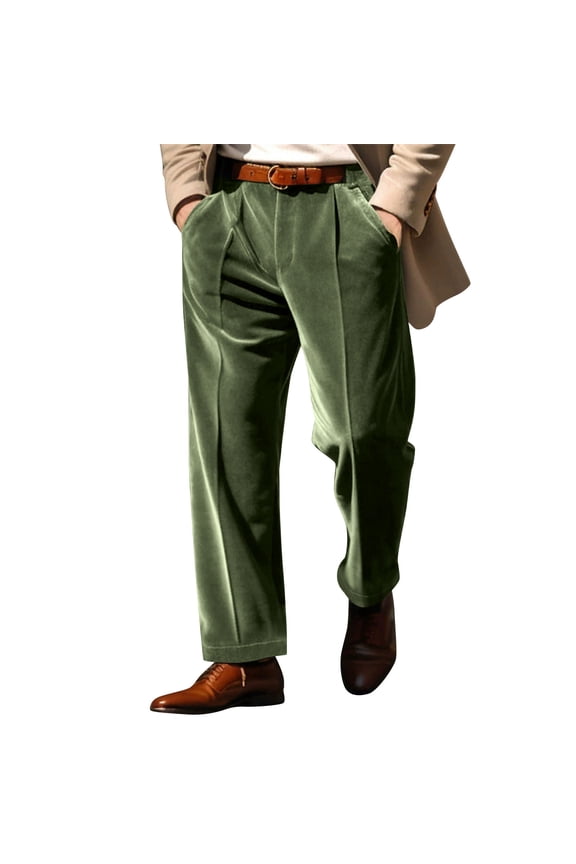 Men's Velvet Classic-Fit Velour Expandable-Waist Pleated Dress Pants with Pocket (No Belt) Army Green