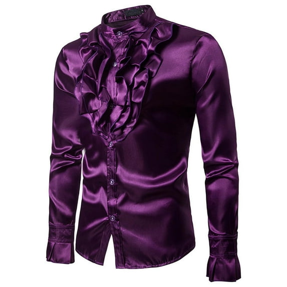 Hinvhai Men's Vintage Dress Shirt Solid Long Sleeve Ruffle Chest Stand Collar Button Down Retro 90S Party Blouse Top Purple 6(M)