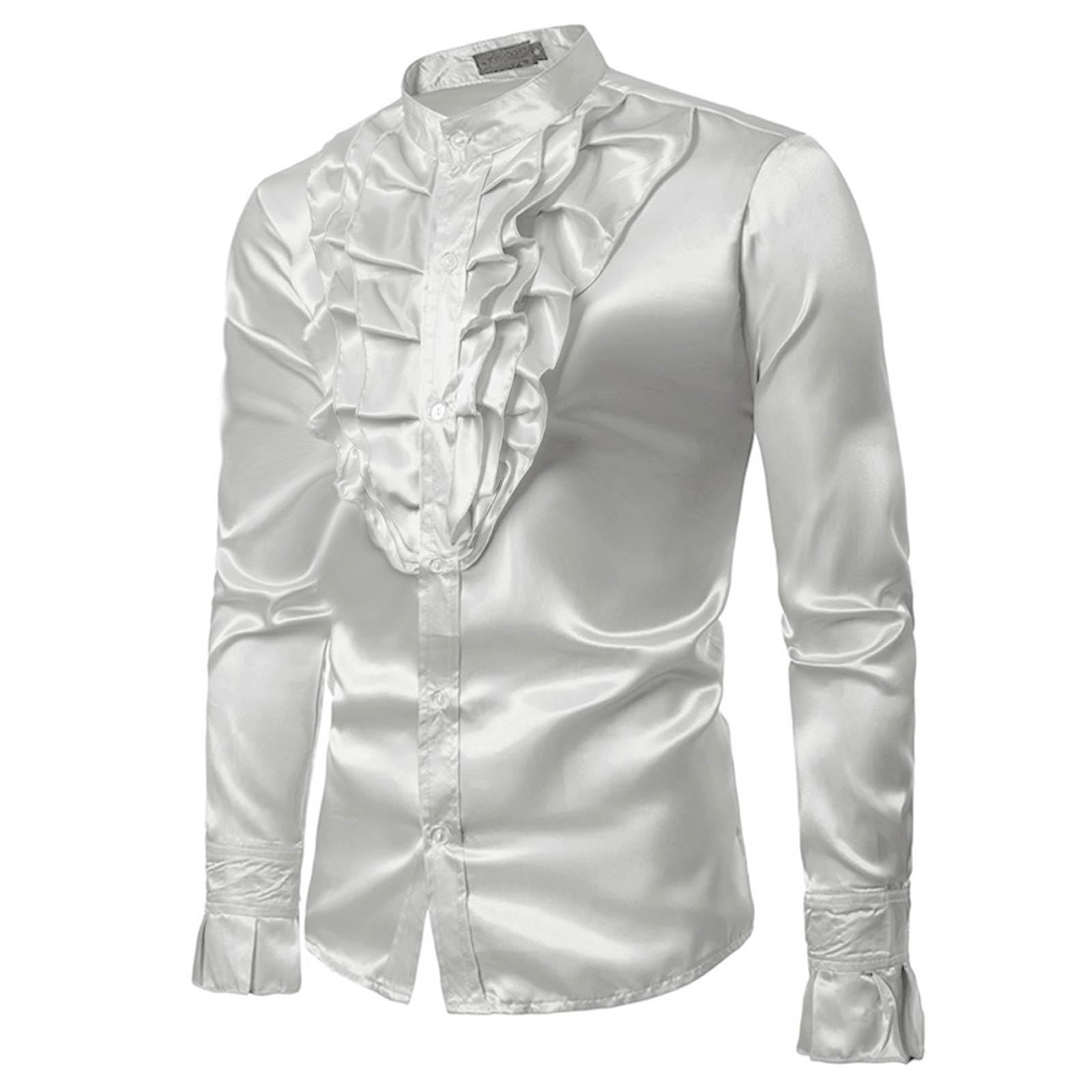 Hinvhai Men's Vintage Dress Shirt Solid Long Sleeve Ruffle Chest Stand Collar Button Down Retro 90s Party Blouse Top White 4(s), Size: 4(Small)