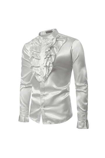 white dress shirt with middle frill design men Men's Ruffle Lace-Up Cuffs and gathering at the wrists and sleeve head White Mens Formal Shirt Ruffle