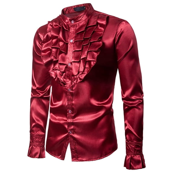 Hinvhai Men's Vintage Dress Shirt Solid Long Sleeve Ruffle Chest Stand Collar Button Down Retro 90S Party Blouse Top Wine 10(XL)