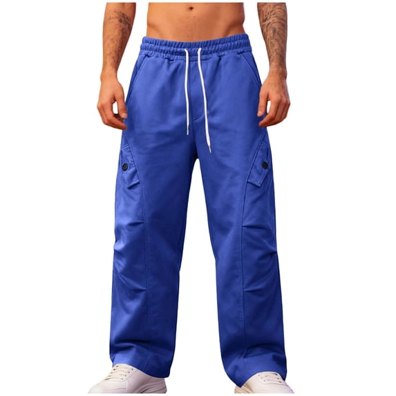 Hinvhai Men's Wide Leg Cargo Pants Drawstring Elastic Waist Baggy Pants with Pockets Blue S(S)