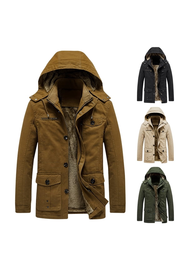 Men's Winter Jacket Sherpa Lining Wool Trench Coat Casual Warm Parka Coat with Detachable Hood Khaki 10(XL)