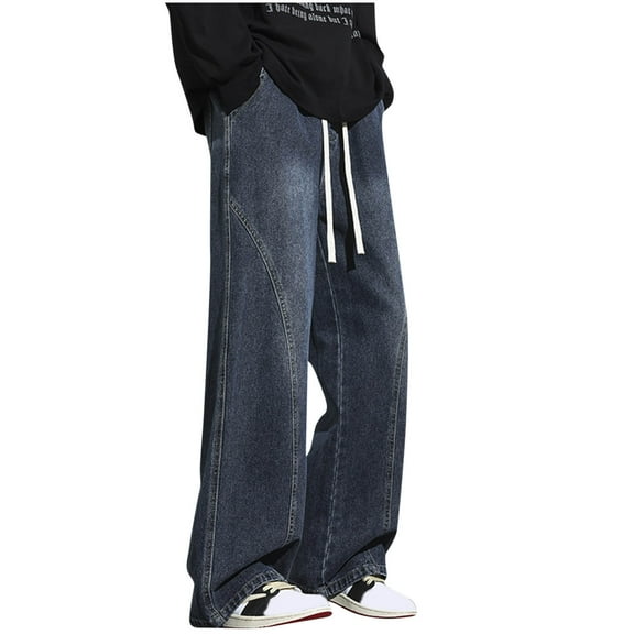 Hinvhai Men's Work Jeans Casual Hip Hop Cargo Solid Color Loose Fit Straight Wide Leg Cotton Denim Pants with Zipper Blue 4(M)