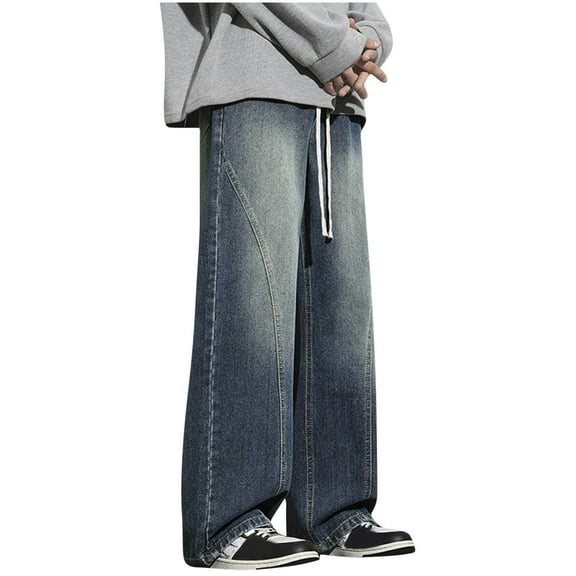 Hinvhai Men's Work Jeans Casual Hip Hop Cargo Solid Color Loose Fit Straight Wide Leg Cotton Denim Pants with Zipper Gray 4(M)