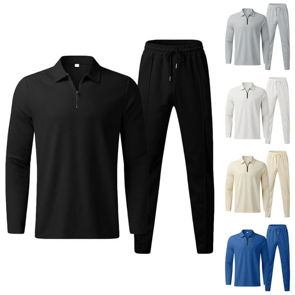 Hinvhai Men's long sleeved golf shirt long pants 1/4 zipper two-piece street retro casual sports jacquard solid color set White 10(XL)
