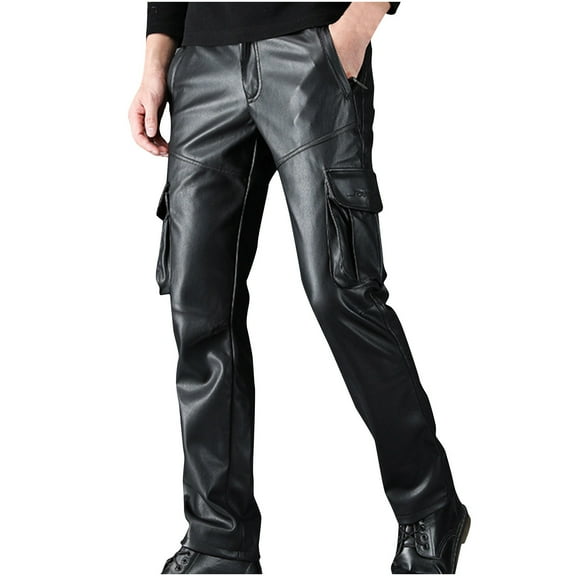 Hinvhai Men's solid color elastic waist motorcycle with fleece leather pants, pocket pants Black 6(M)