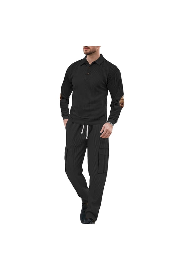 Mens 2 Piece Sweatsuits Sets Stand Collar Button Elbow Patch Long Sleeve Sweatshirts Pants Outdoor Loose Sport Suits Black XXL(XXL)