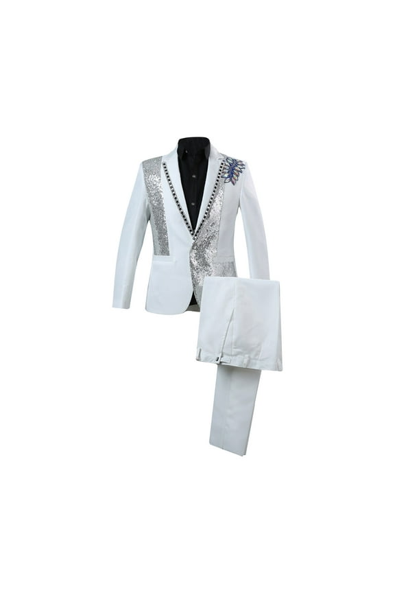 Mens 2 Pieces Luxury Embroidered Suits 1 Button Print Dinner Blazer Jacket Pants Wedding Elegant Dress Suit White 6(M)