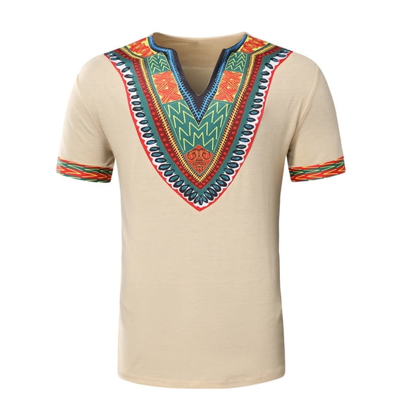 Hinvhai Mens African Dashiki T Shirt Tribal Floral Print V Neck Slim Fit Shirts Tops Khaki 12(XXL)