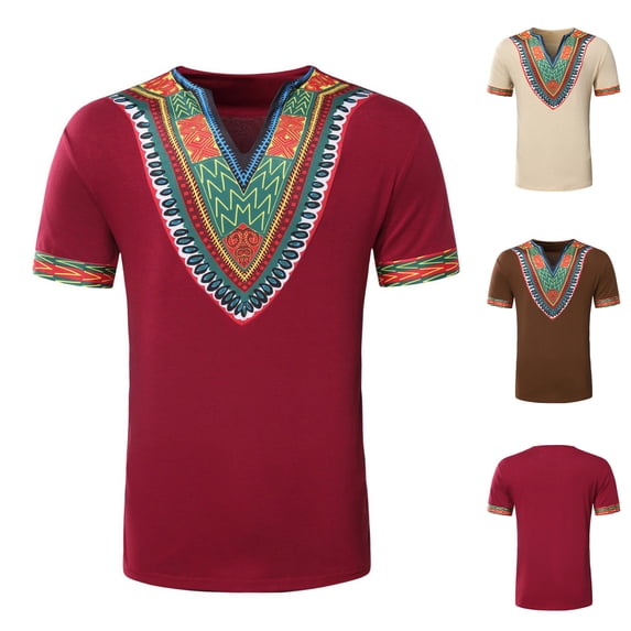 Hinvhai Mens African Dashiki T Shirt Tribal Floral Print V Neck Slim Fit Shirts Tops Wine 10(XL)