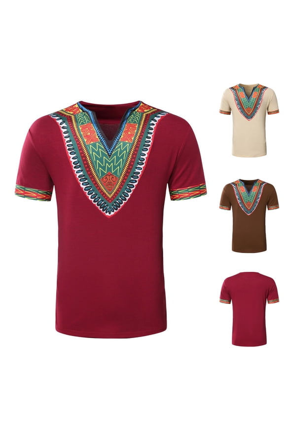 Mens African Dashiki T Shirt Tribal Floral Print V Neck Slim Fit Shirts Tops Wine 10(XL)