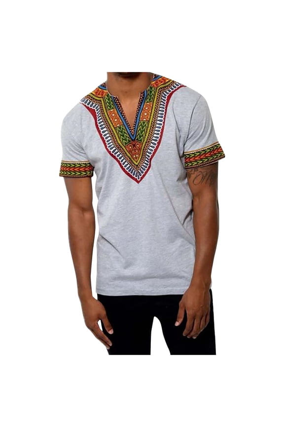 Mens African Shirt Tribal Floral Print Traditional T Shirt for Men V Neck Slim Fit Shirts Tops Gray 4(S)