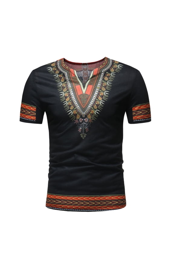 Mens African T Shirt Tribal Floral Print V Neck Slim Fit Shirts Tops Black 4(M)