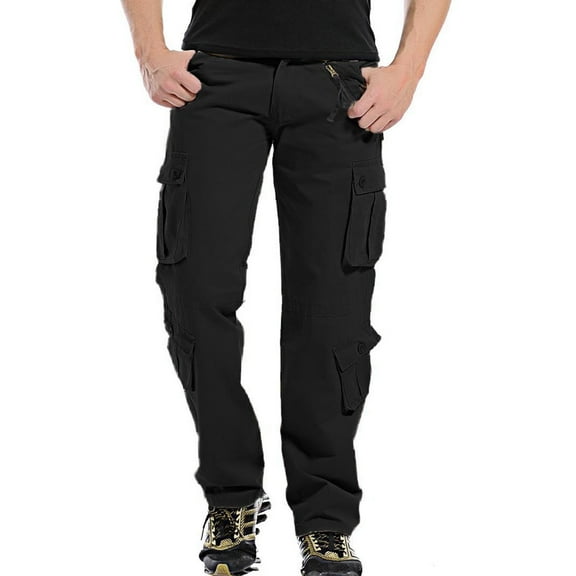 Hinvhai Mens Cargo Pants Casual Cotton Jogger Multi Pockets Outdoor Hiking Work Sweatpants Black 8(L)