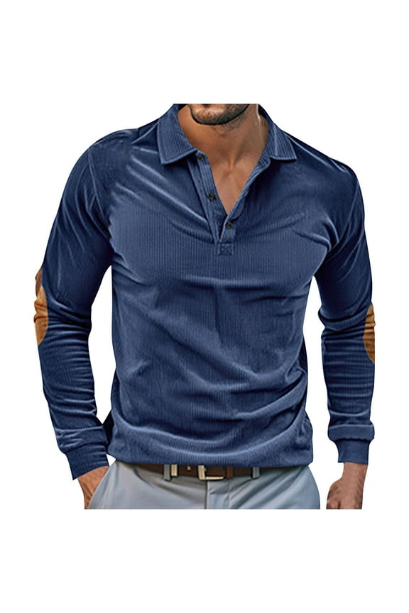 Mens Casual Corduroy Polo Shirts Long Sleeve Stand Collar Button Down Blouses Fall Casual Loose Color Block Tops Navy S(S)