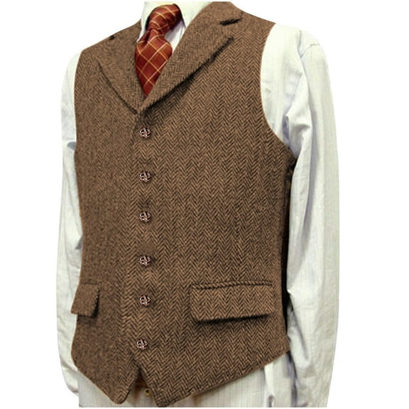 Hinvhai Mens Casual Plaid Suit Vest Tweed Slim Fit Waistcoat for Wedding Groomsmen Brown M(M)