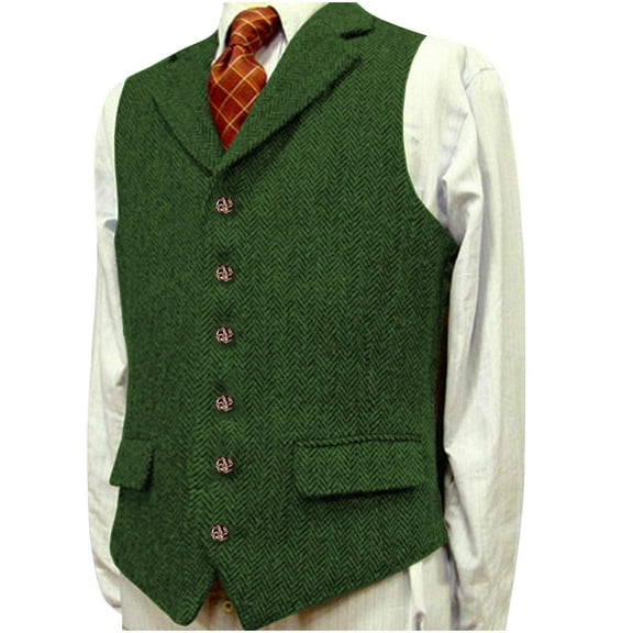 Hinvhai Mens Casual Plaid Suit Vest Tweed Slim Fit Waistcoat for Wedding Groomsmen Green XXXL