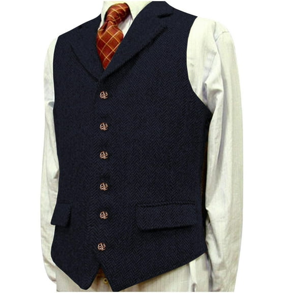 Hinvhai Mens Casual Plaid Suit Vest Tweed Slim Fit Waistcoat for Wedding Groomsmen Navy XXXL