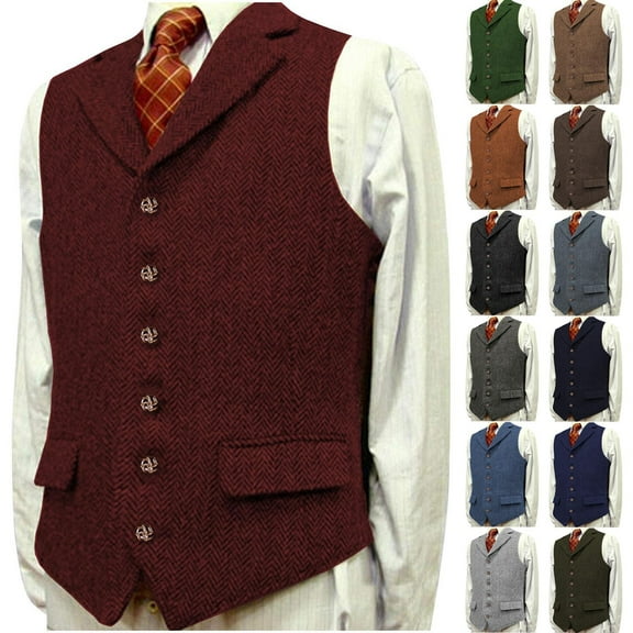 Hinvhai Mens Casual Plaid Suit Vest Tweed Slim Fit Waistcoat for Wedding Groomsmen Wine XL(XL)