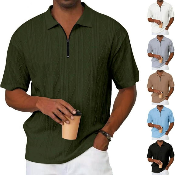 Hinvhai Mens Casual Quarter Zipper Knit golf Shirts Short Sleeve Summer Beach Shirt Textured Jersey Tops White XL(XL)