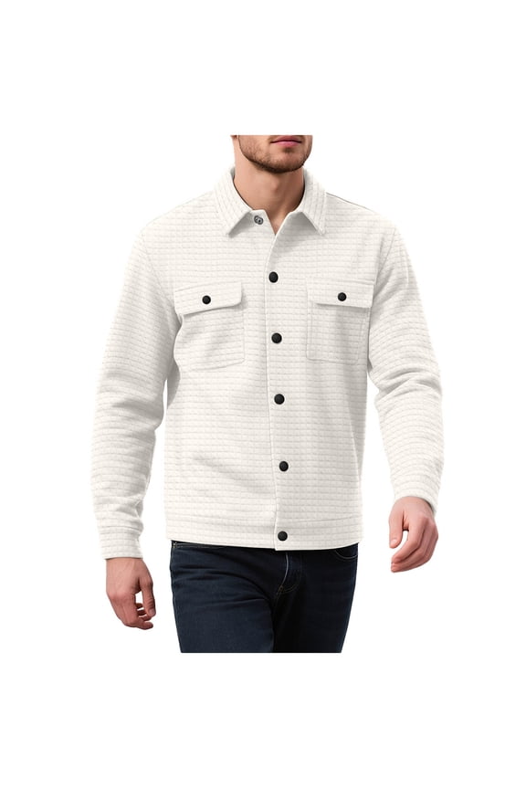 Mens Casual Shirt Jacket Button Down Waffle Jacket Long Sleeve Sweater Jackets Quilted Shacket Overshirt White M(M)