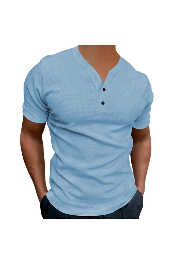 Mens Cotton Henley T-Shirts Short Sleeve Button Casual Basic Tees Work Shirts with Split Side Blue XXL(XXL)