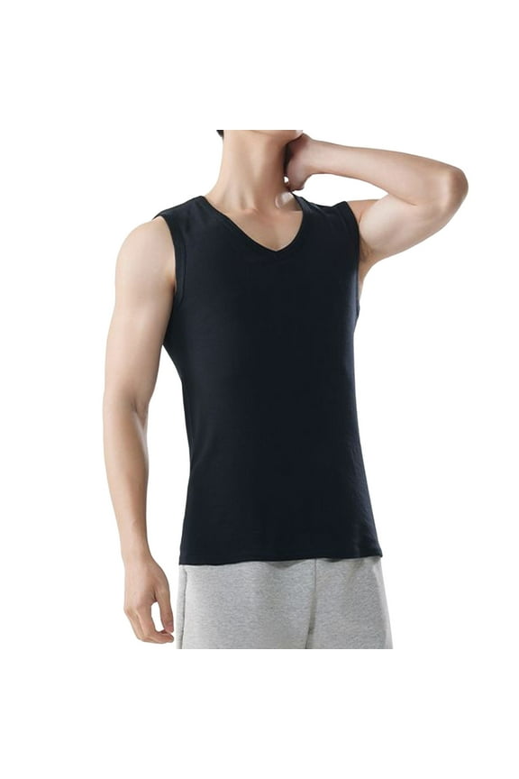 Hinvhai Mens Cotton Tank Tops V Neck Sleeveless Solid Traceless Breathable Quick Dry Bodybuilding Undershirts Workout Sport Shirts Black XL(XL)
