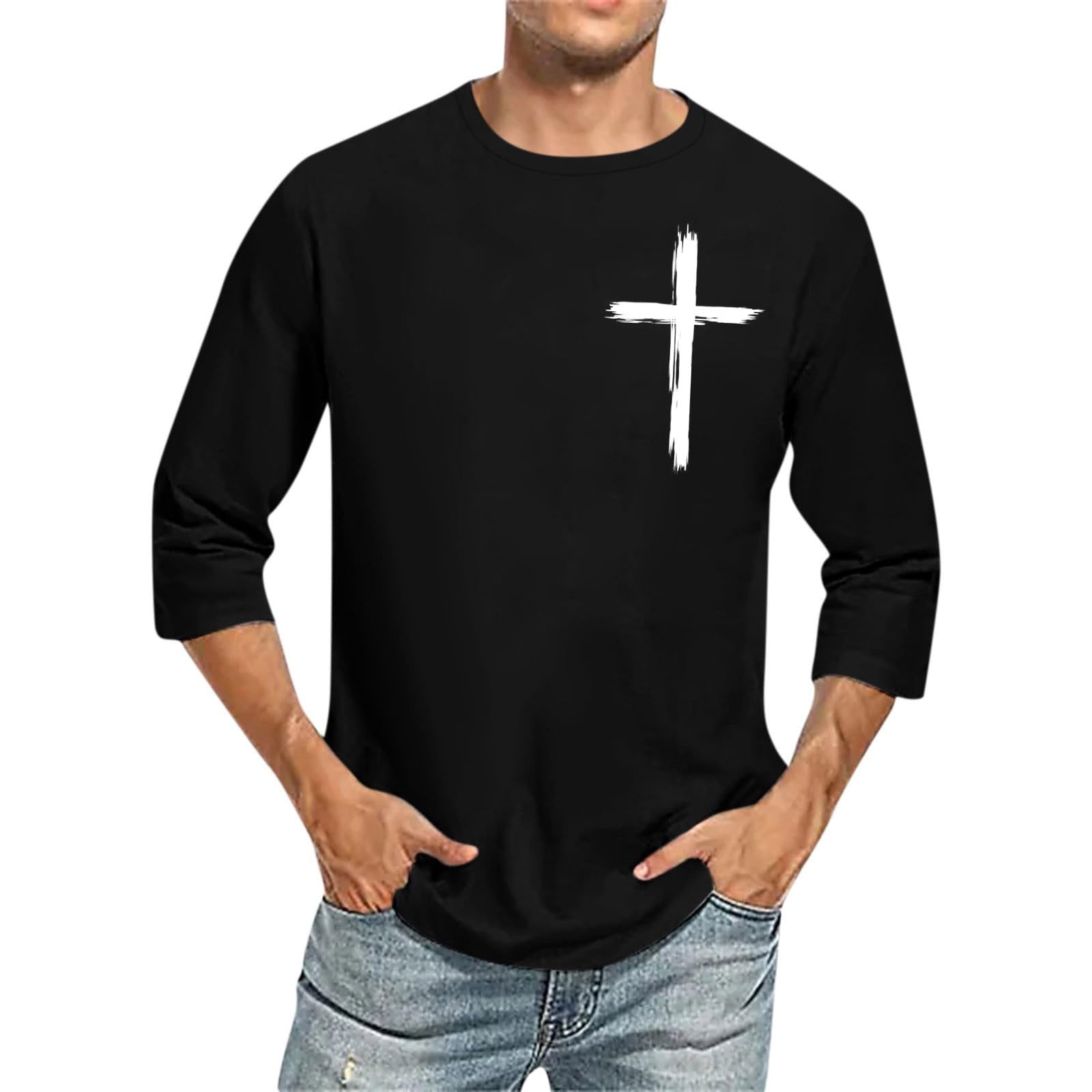 Hinvhai Mens Cross Print 3/4 Sleeve T-Shirt - Fashion Gradient Crewneck ...