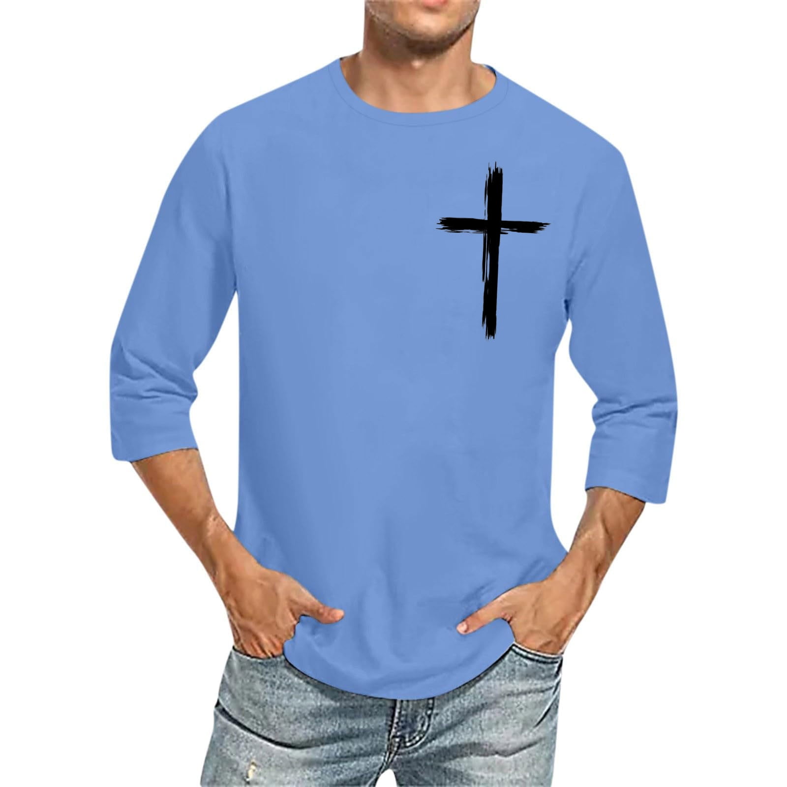 Hinvhai Mens Cross Print 3/4 Sleeve T-Shirt - Fashion Gradient Crewneck ...