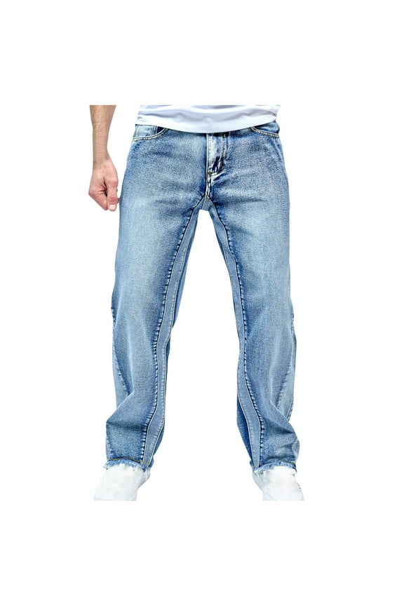 Mens Elastic Waist Jeans Relaxed Fit Men's Jeans with Elastic Waist with Zipper Button Trend Outdoors Denim Trousers Light Blue XL