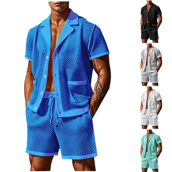 Hinvhai Mens Fishnet Shorts Beach Outfits Mesh Hollow Casual Short Sleeve Button Down Shirt 2 Piece Lace Shirts Shorts Set White XL(XL)